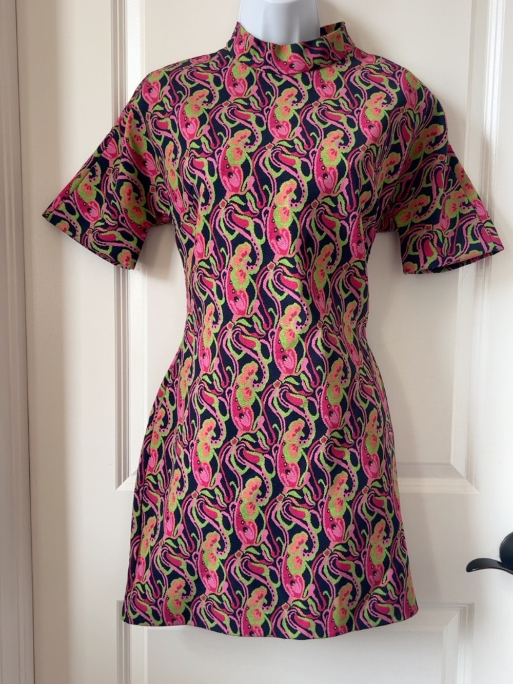 Zara Seahorse Print Mini Dress Medium Pink Green Navy High Neck